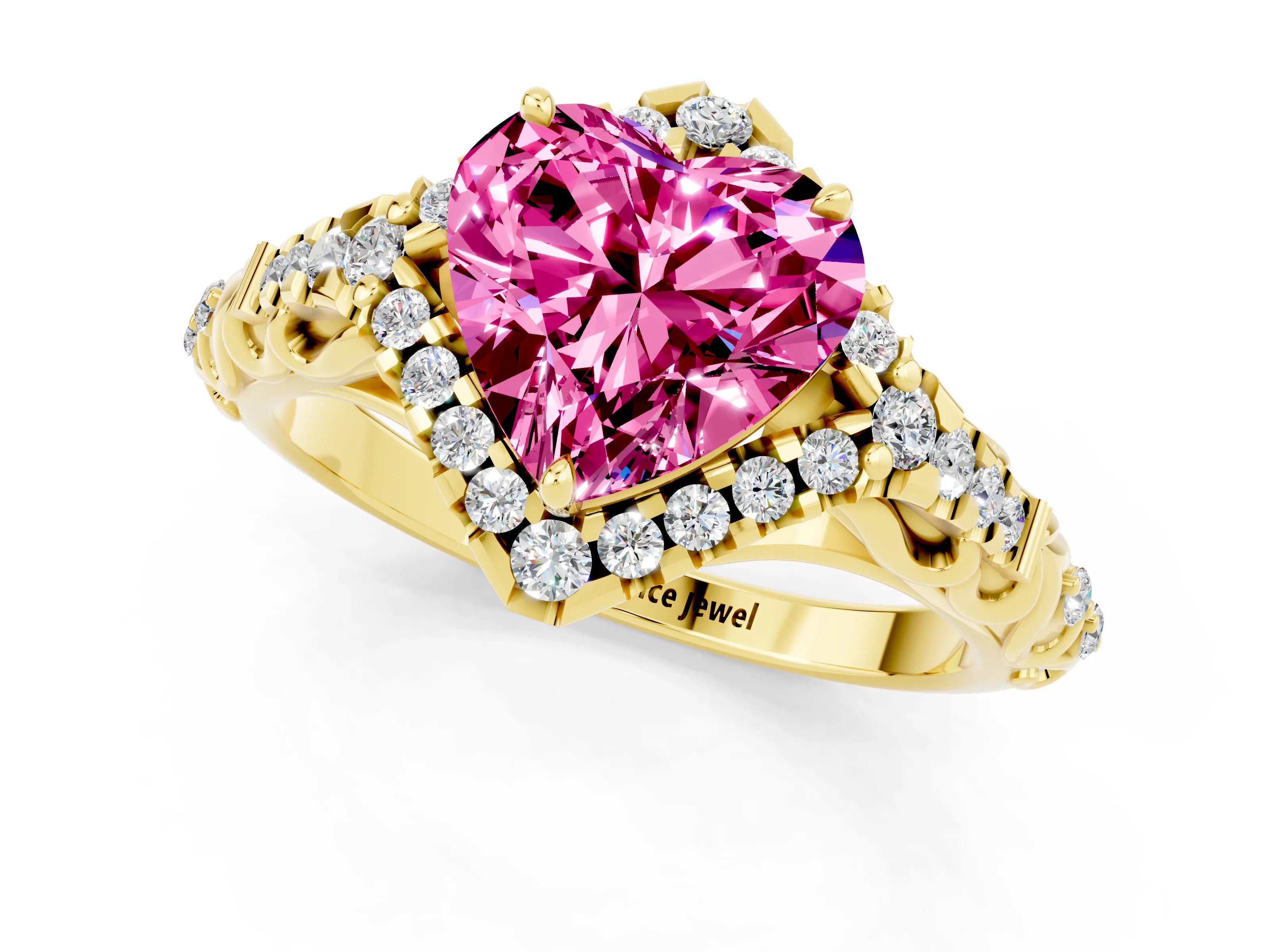 Yellow gold Heart Cut Pink Sapphire Solitaire Ring with Hidden Halo and Pavé Band_25
