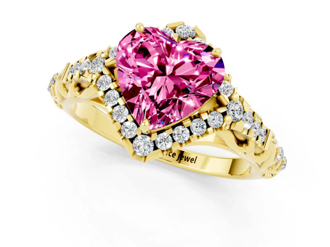 Yellow gold Heart Cut Pink Sapphire Solitaire Ring with Hidden Halo and Pavé Band_25