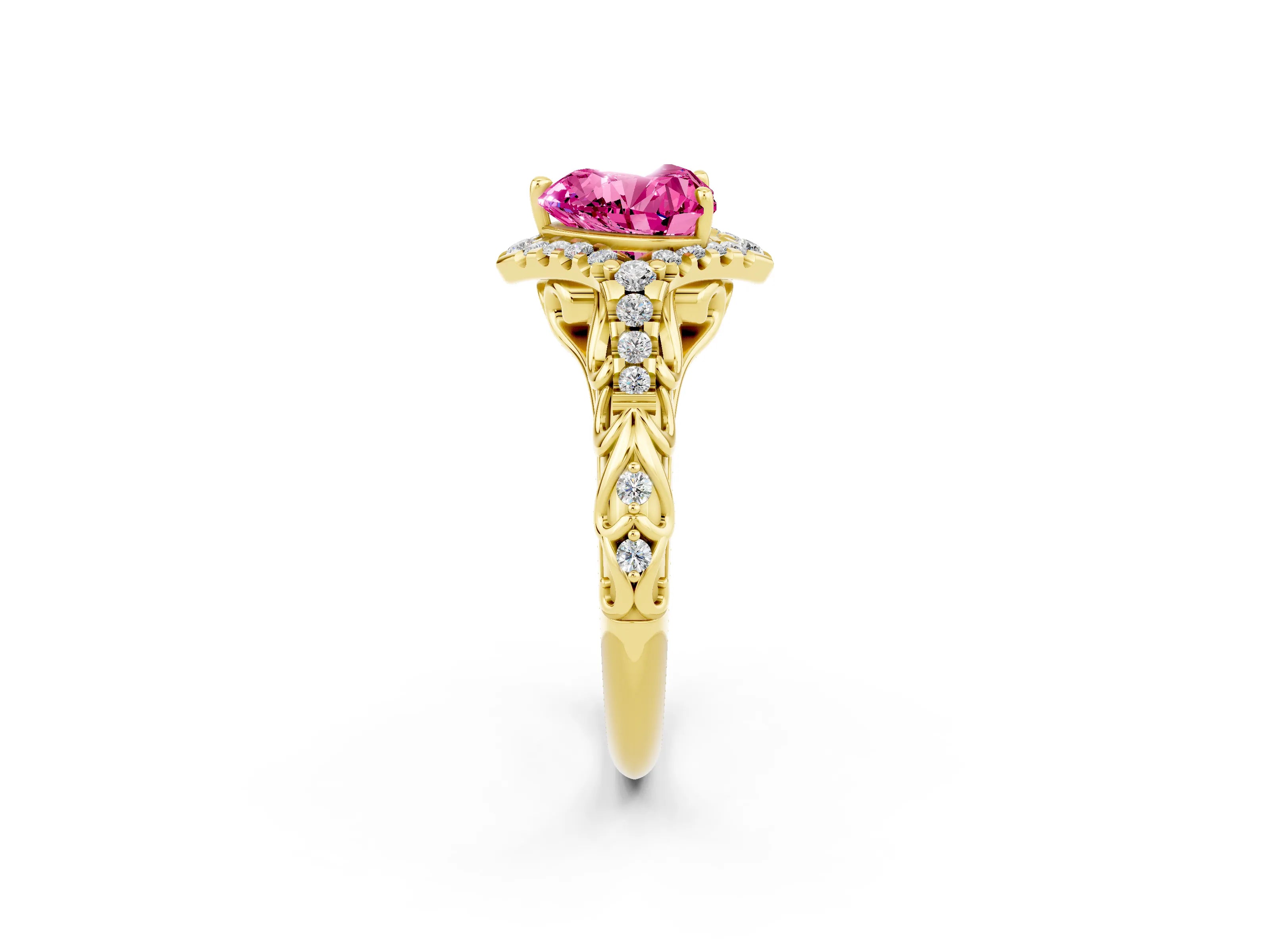 Yellow gold Heart Cut Pink Sapphire Solitaire Ring with Hidden Halo and Pavé Band_26