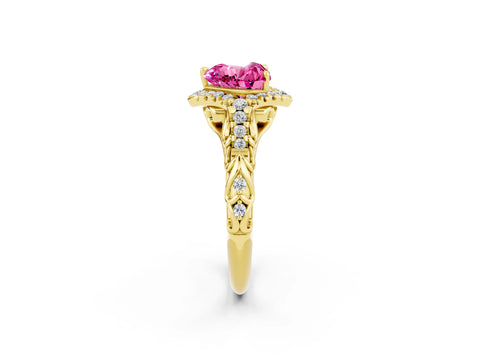 Yellow gold Heart Cut Pink Sapphire Solitaire Ring with Hidden Halo and Pavé Band_26