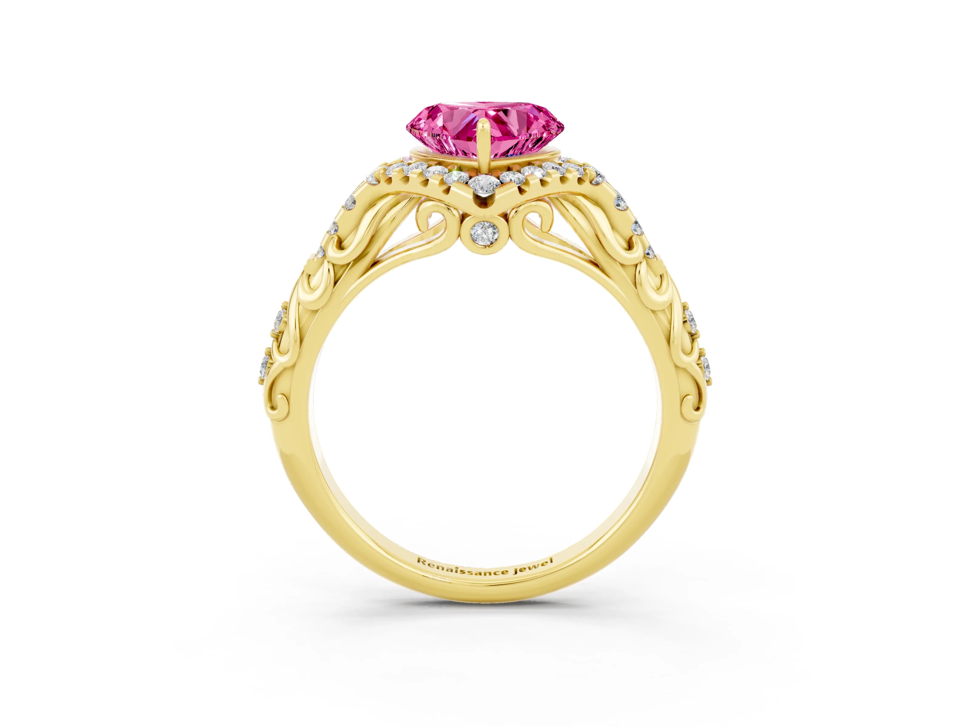 Yellow gold Heart Cut Pink Sapphire Solitaire Ring with Hidden Halo and Pavé Band_27