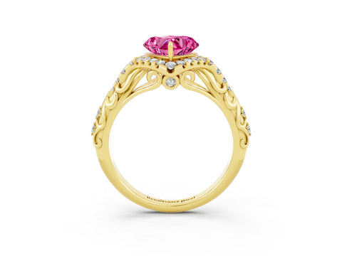 Yellow gold Heart Cut Pink Sapphire Solitaire Ring with Hidden Halo and Pavé Band_27