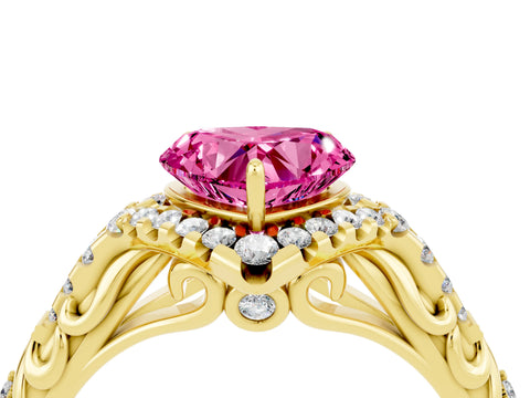 Yellow gold Heart Cut Pink Sapphire Solitaire Ring with Hidden Halo and Pavé Band_28