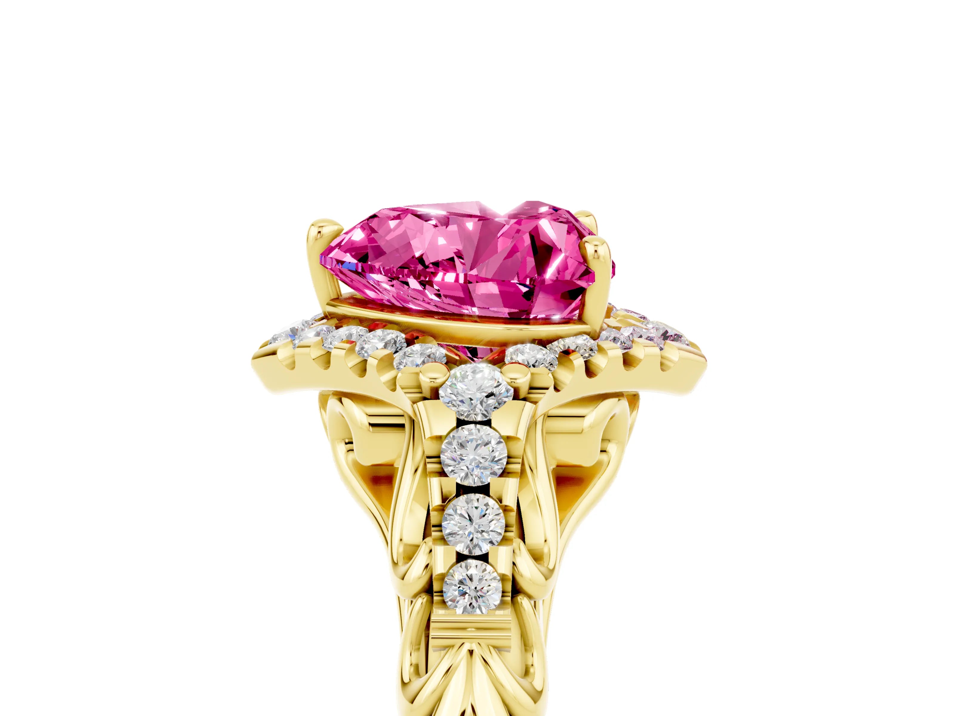 Yellow gold Heart Cut Pink Sapphire Solitaire Ring with Hidden Halo and Pavé Band_29
