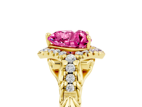 Yellow gold Heart Cut Pink Sapphire Solitaire Ring with Hidden Halo and Pavé Band_29