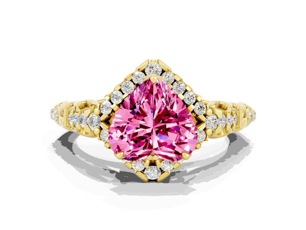 Yellow gold Heart Cut Pink Sapphire Solitaire Ring with Hidden Halo and Pavé Band