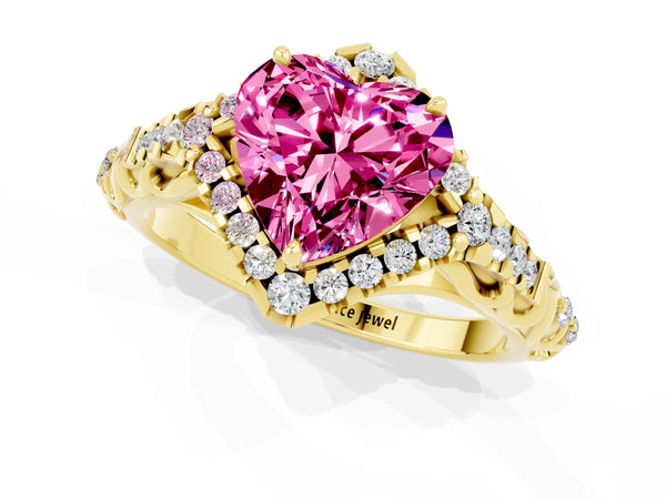 Yellow gold Heart Cut Pink Sapphire Solitaire Ring with Hidden Halo and Pavé Band