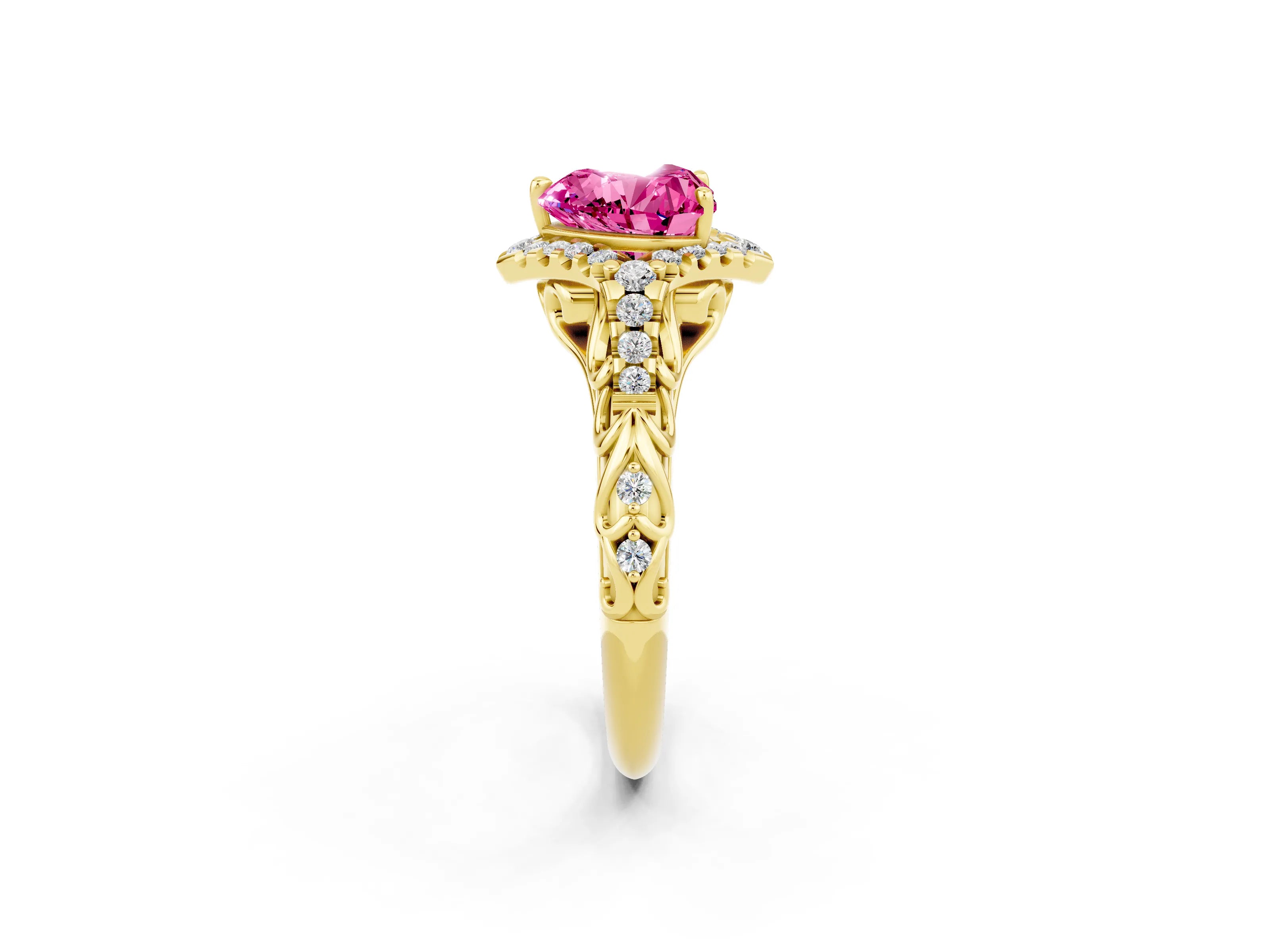 Yellow gold Heart Cut Pink Sapphire Solitaire Ring with Hidden Halo and Pavé Band_38