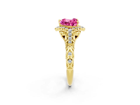 Yellow gold Heart Cut Pink Sapphire Solitaire Ring with Hidden Halo and Pavé Band_38