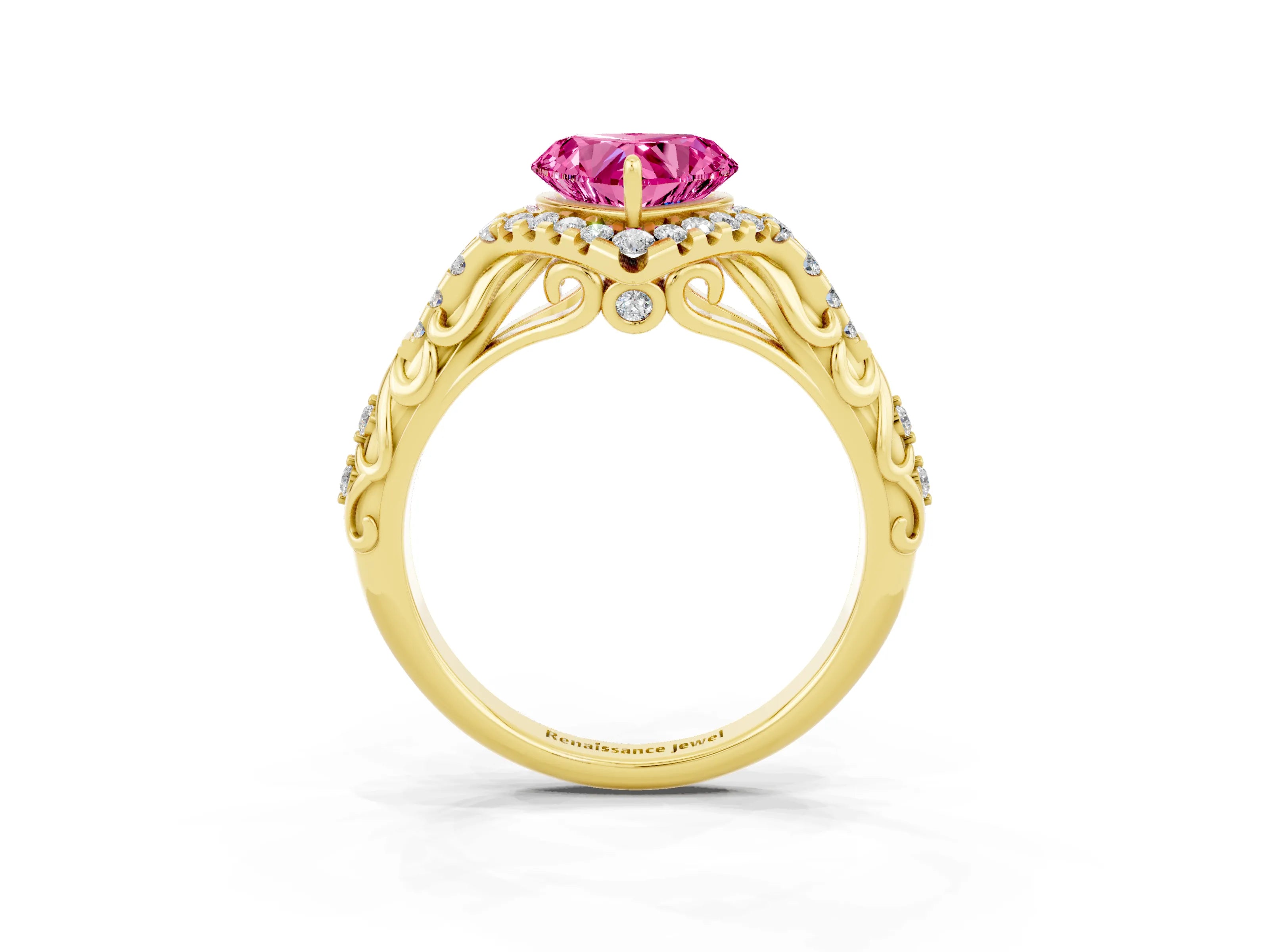Yellow gold Heart Cut Pink Sapphire Solitaire Ring with Hidden Halo and Pavé Band_39