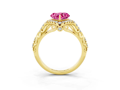 Yellow gold Heart Cut Pink Sapphire Solitaire Ring with Hidden Halo and Pavé Band_39