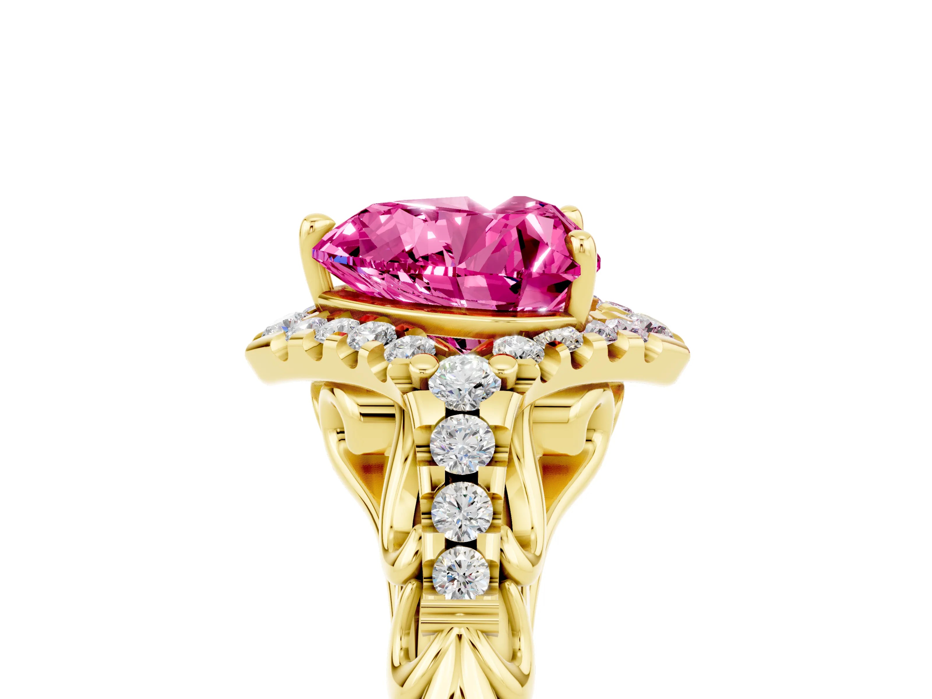 Yellow gold Heart Cut Pink Sapphire Solitaire Ring with Hidden Halo and Pavé Band_41