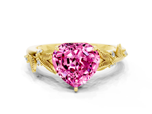 Yellow gold Heart Cut Pink Sapphire Solitaire Ring with Leaf Motif Band and Four-Prong Setting