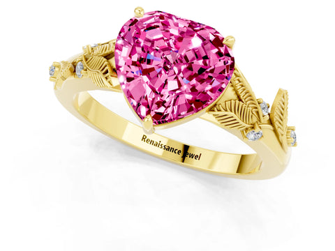 Yellow gold Heart Cut Pink Sapphire Solitaire Ring with Leaf Motif Band and Four-Prong Setting_1