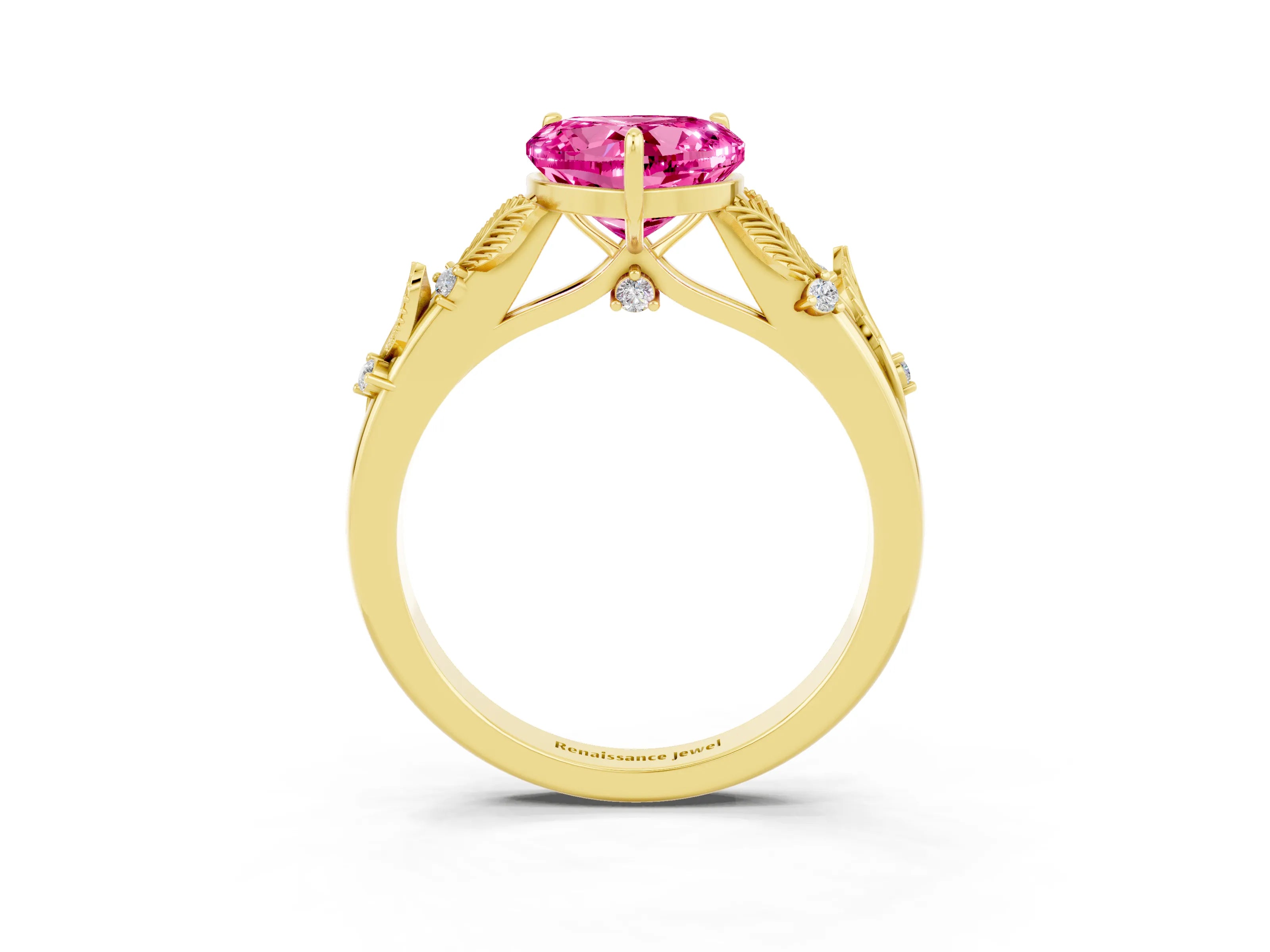 Yellow gold Heart Cut Pink Sapphire Solitaire Ring with Leaf Motif Band and Four-Prong Setting_3