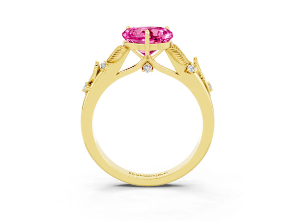 Yellow gold Heart Cut Pink Sapphire Solitaire Ring with Leaf Motif Band and Four-Prong Setting