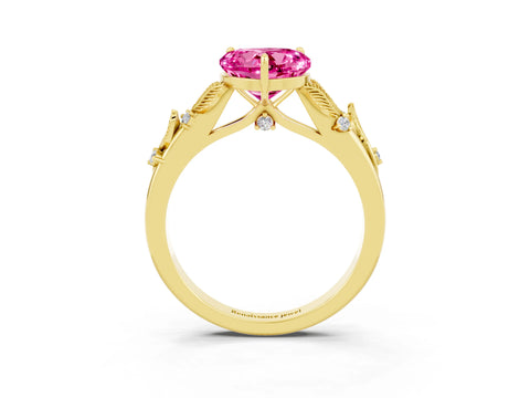 Yellow gold Heart Cut Pink Sapphire Solitaire Ring with Leaf Motif Band and Four-Prong Setting_3