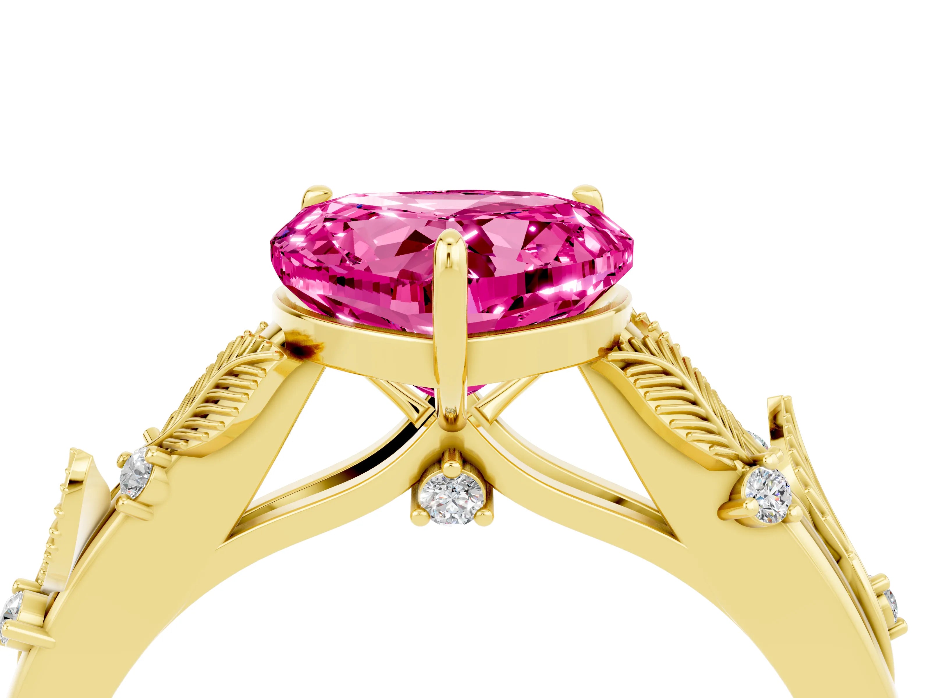 Yellow gold Heart Cut Pink Sapphire Solitaire Ring with Leaf Motif Band and Four-Prong Setting_4