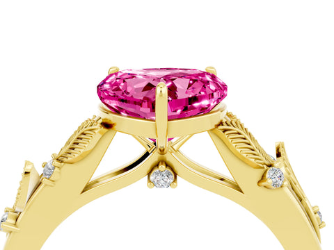 Yellow gold Heart Cut Pink Sapphire Solitaire Ring with Leaf Motif Band and Four-Prong Setting_4