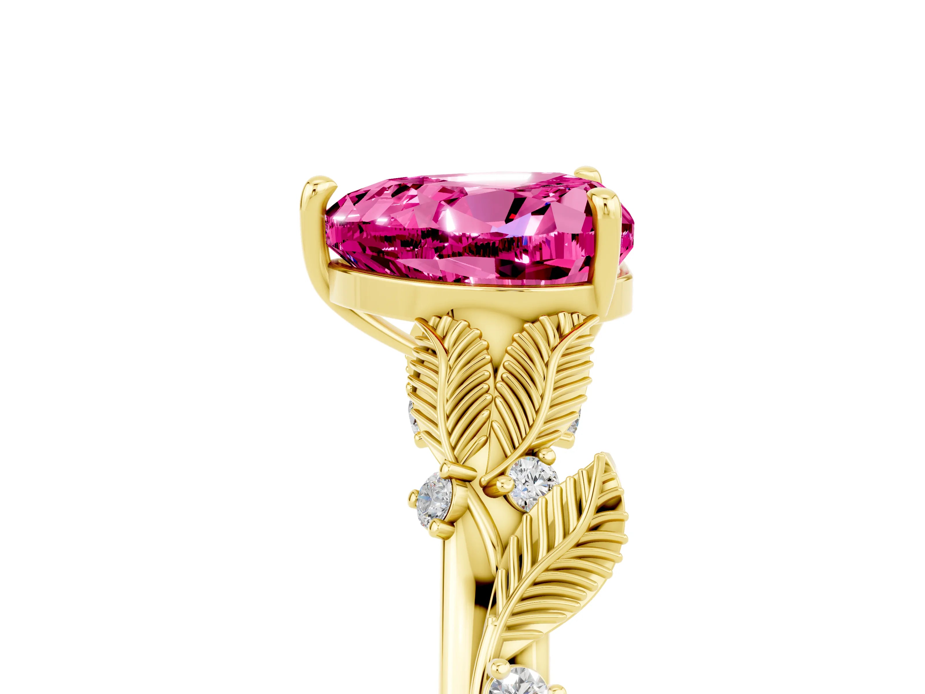 Yellow gold Heart Cut Pink Sapphire Solitaire Ring with Leaf Motif Band and Four-Prong Setting_5