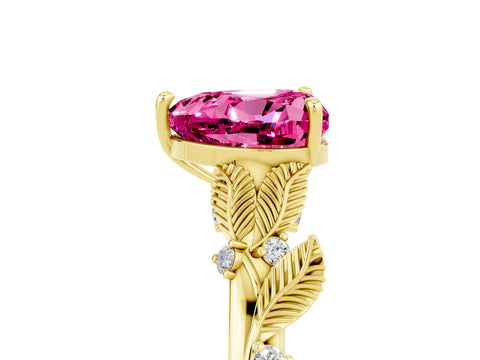 Yellow gold Heart Cut Pink Sapphire Solitaire Ring with Leaf Motif Band and Four-Prong Setting_5