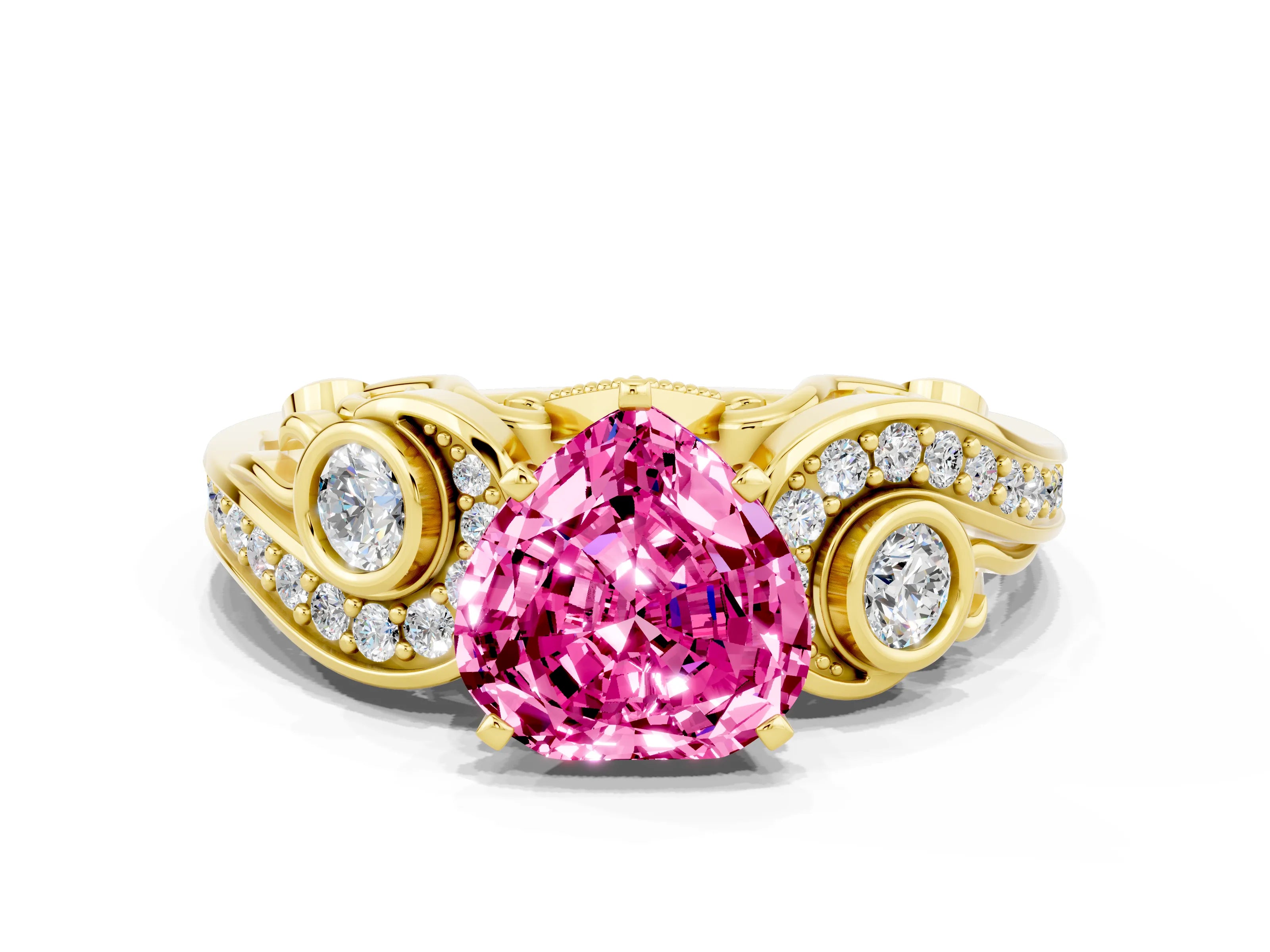 Yellow gold Heart Cut Pink Sapphire Solitaire Ring with Milgrain Pavé Band and Four-Prong Setting_24