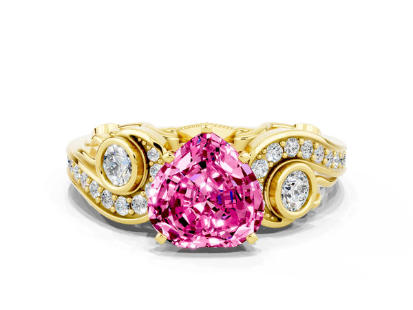 Yellow gold Heart Cut Pink Sapphire Solitaire Ring with Milgrain Pavé Band and Four-Prong Setting