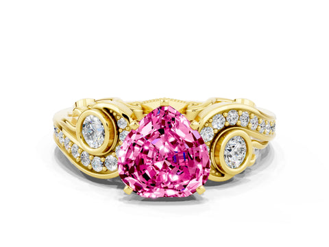 Yellow gold Heart Cut Pink Sapphire Solitaire Ring with Milgrain Pavé Band and Four-Prong Setting_24