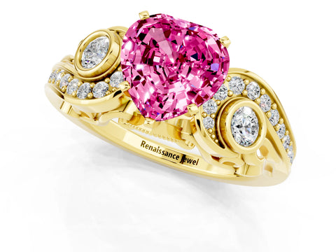 Yellow gold Heart Cut Pink Sapphire Solitaire Ring with Milgrain Pavé Band and Four-Prong Setting_25