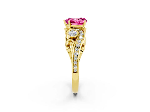 Yellow gold Heart Cut Pink Sapphire Solitaire Ring with Milgrain Pavé Band and Four-Prong Setting_26