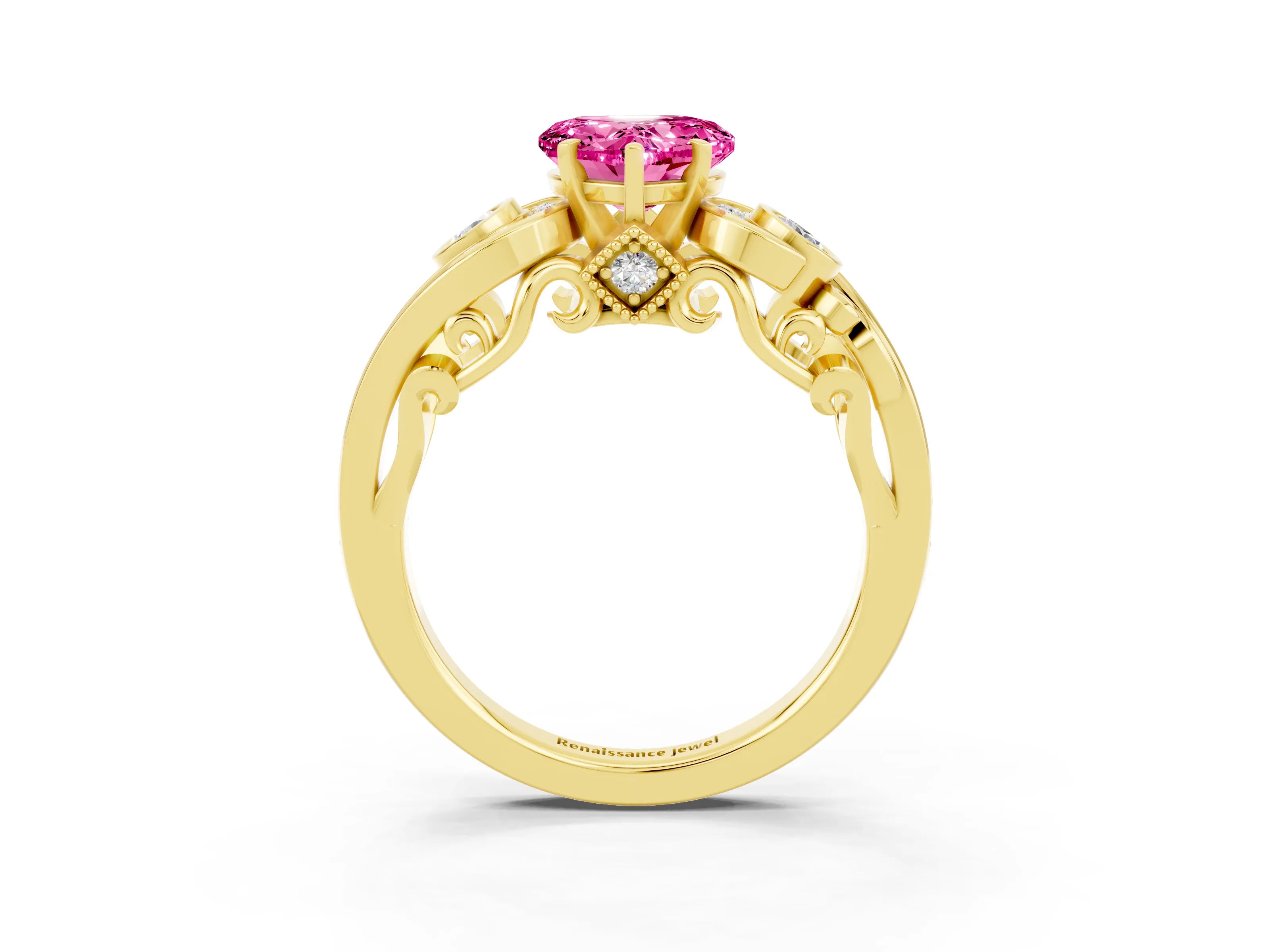 Yellow gold Heart Cut Pink Sapphire Solitaire Ring with Milgrain Pavé Band and Four-Prong Setting_27