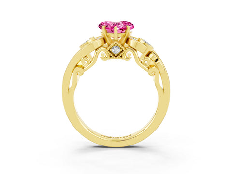 Yellow gold Heart Cut Pink Sapphire Solitaire Ring with Milgrain Pavé Band and Four-Prong Setting_27