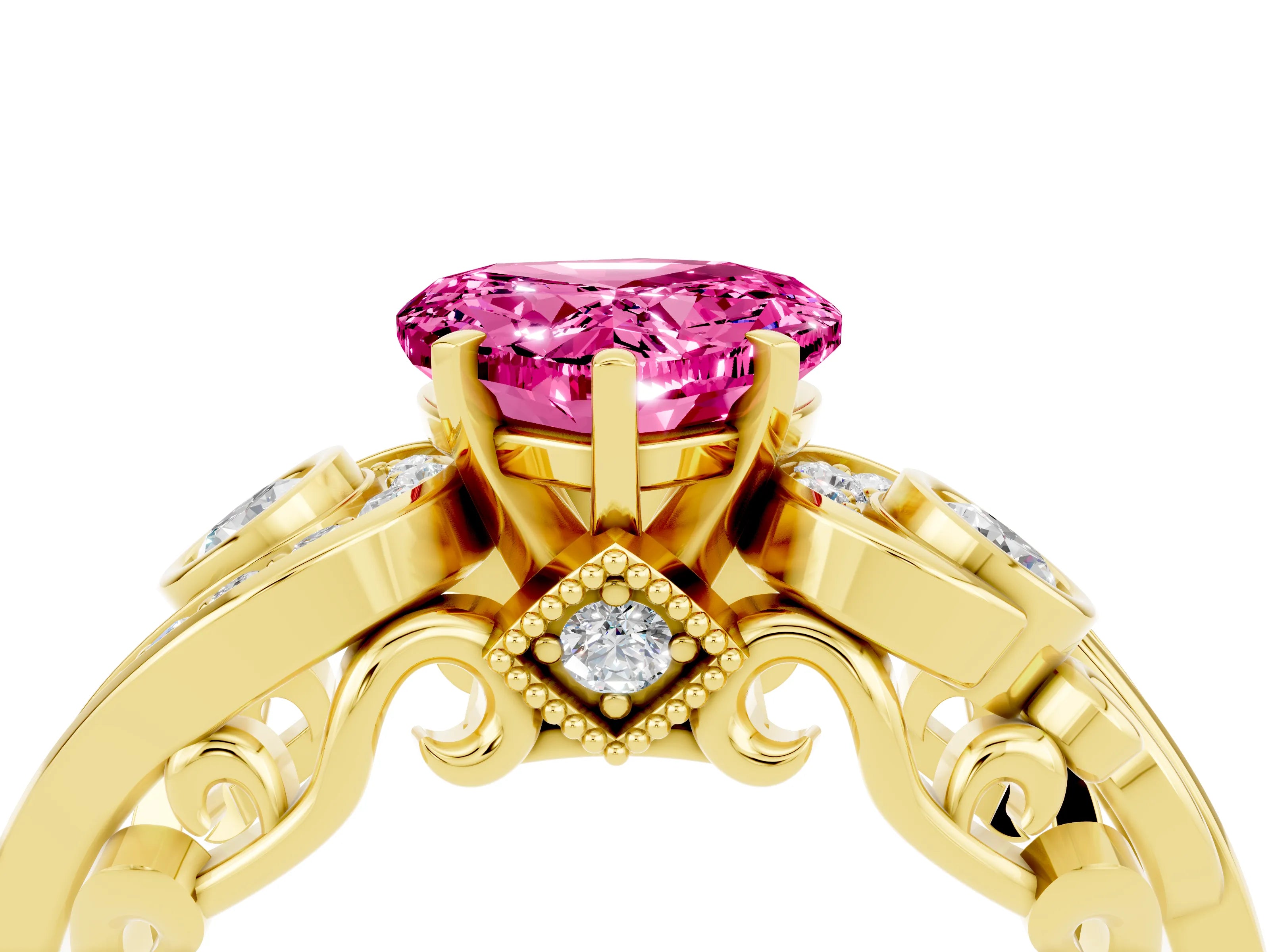 Yellow gold Heart Cut Pink Sapphire Solitaire Ring with Milgrain Pavé Band and Four-Prong Setting_28