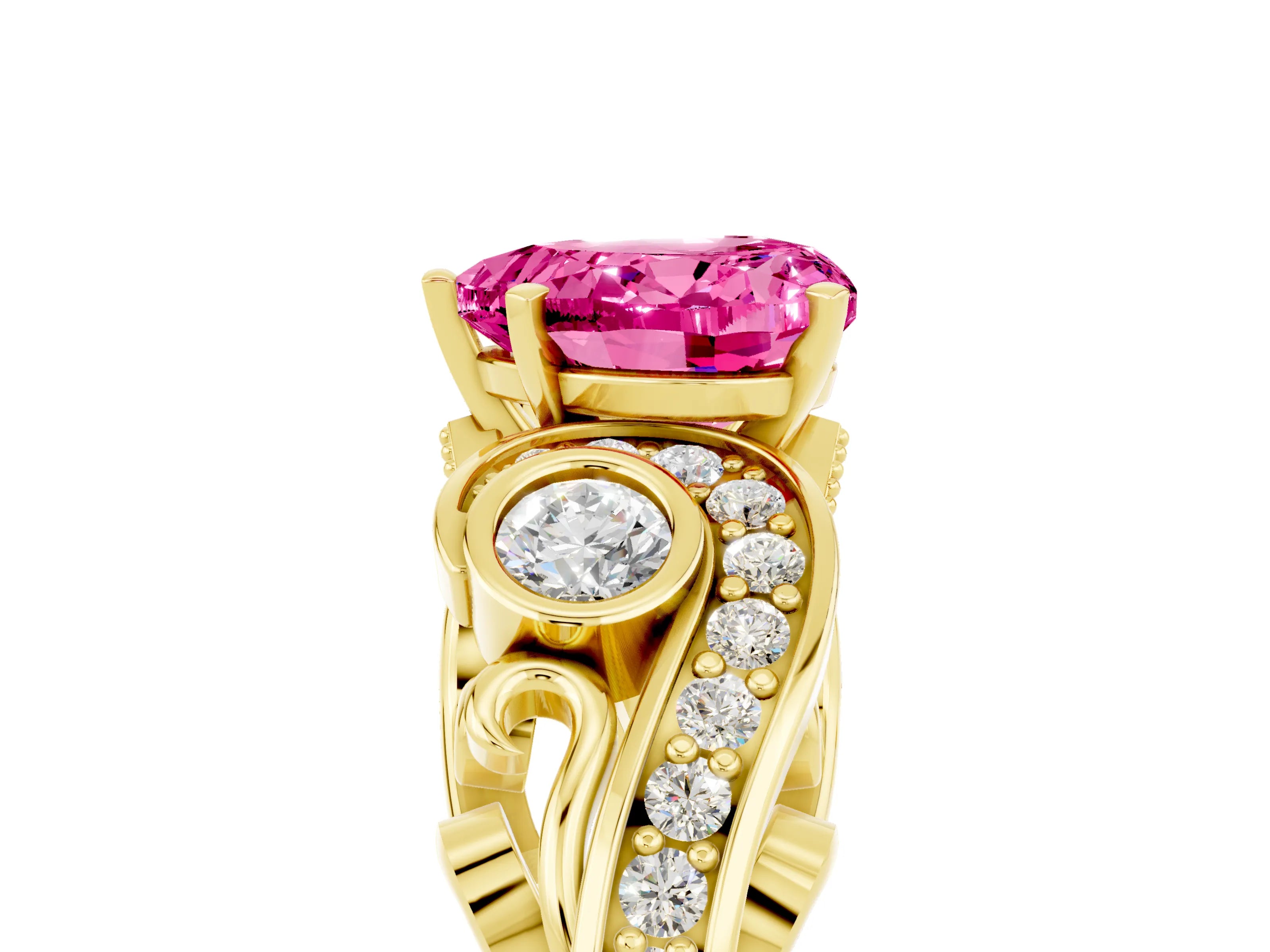 Yellow gold Heart Cut Pink Sapphire Solitaire Ring with Milgrain Pavé Band and Four-Prong Setting_29