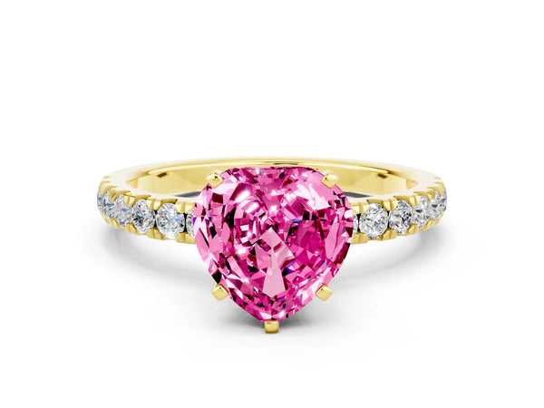 Yellow gold Heart Cut Pink Sapphire Solitaire Ring with Pavé Accents and Four-Prong Setting