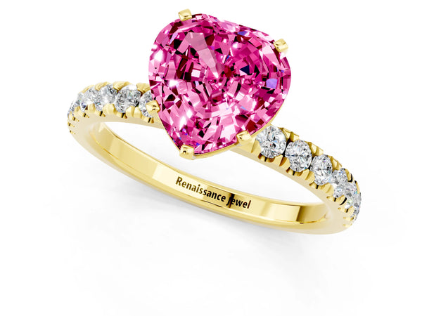 Yellow gold Heart Cut Pink Sapphire Solitaire Ring with Pavé Accents and Four-Prong Setting