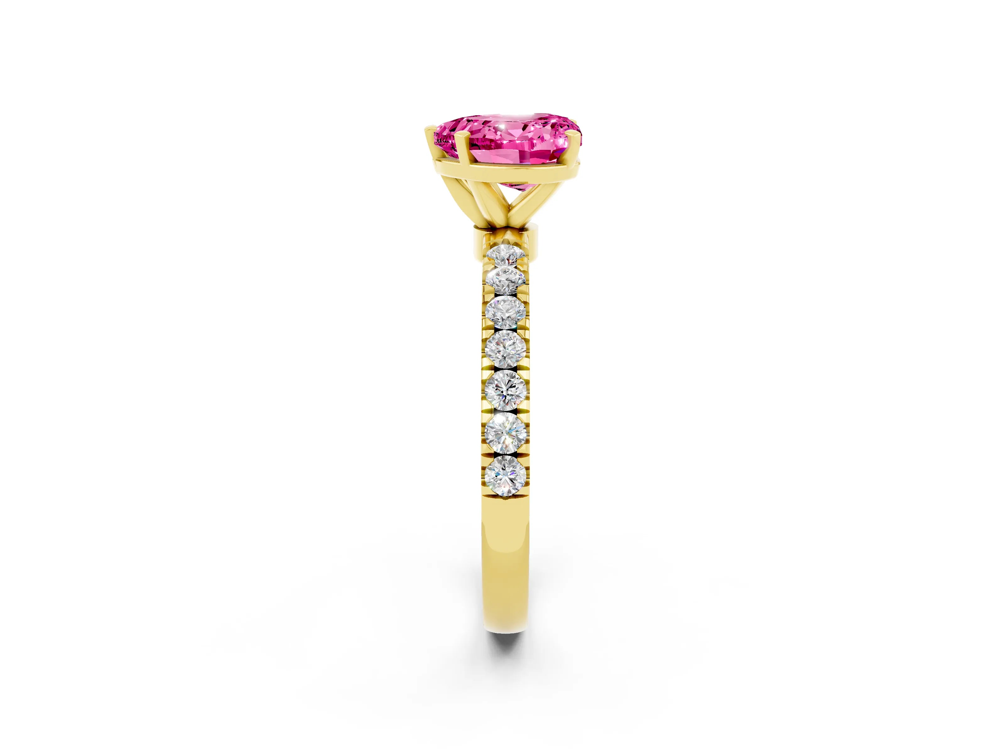 Yellow gold Heart Cut Pink Sapphire Solitaire Ring with Pavé Accents and Four-Prong Setting_26