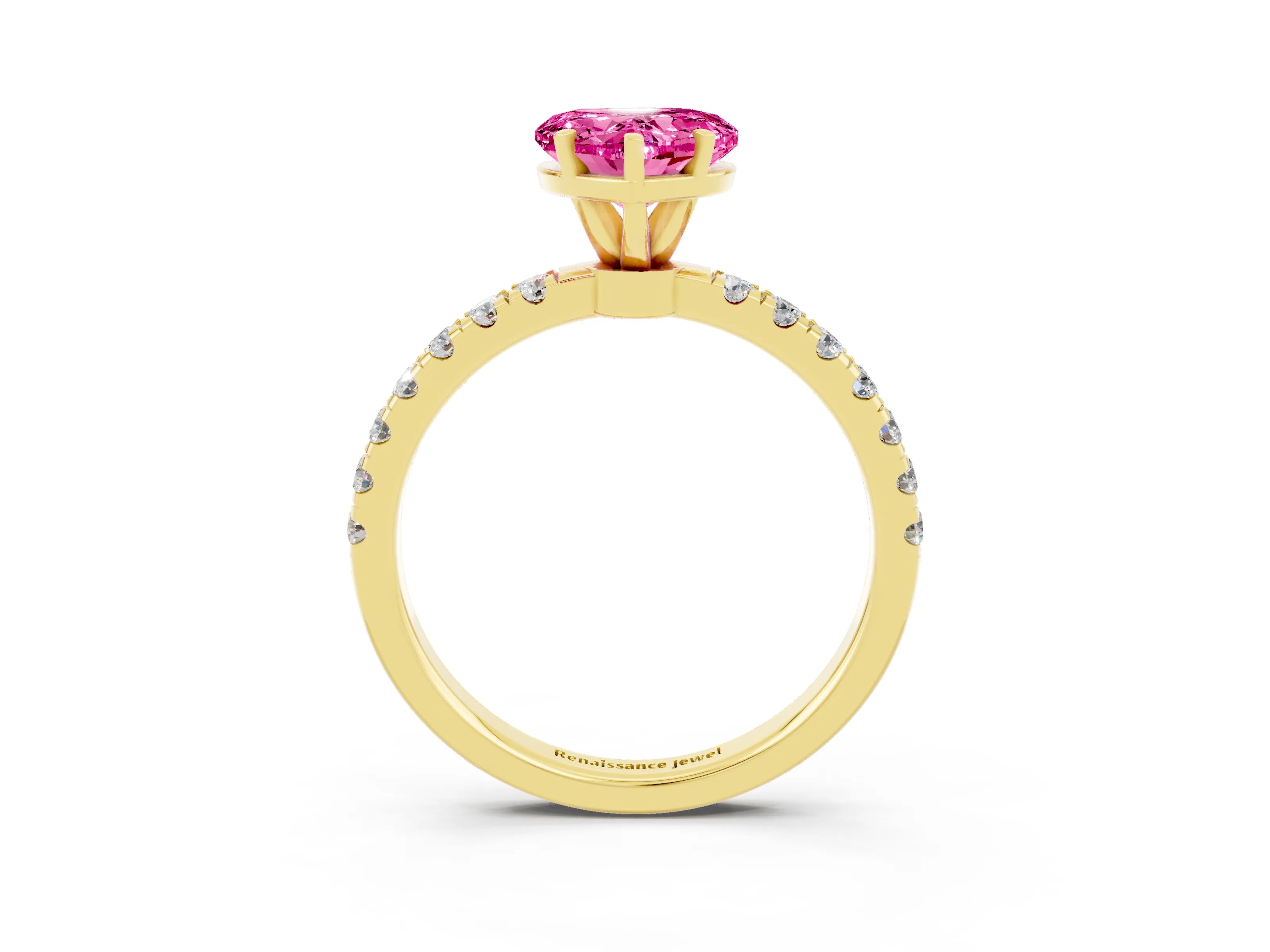 Yellow gold Heart Cut Pink Sapphire Solitaire Ring with Pavé Accents and Four-Prong Setting_27