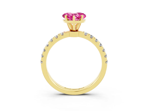 Yellow gold Heart Cut Pink Sapphire Solitaire Ring with Pavé Accents and Four-Prong Setting
