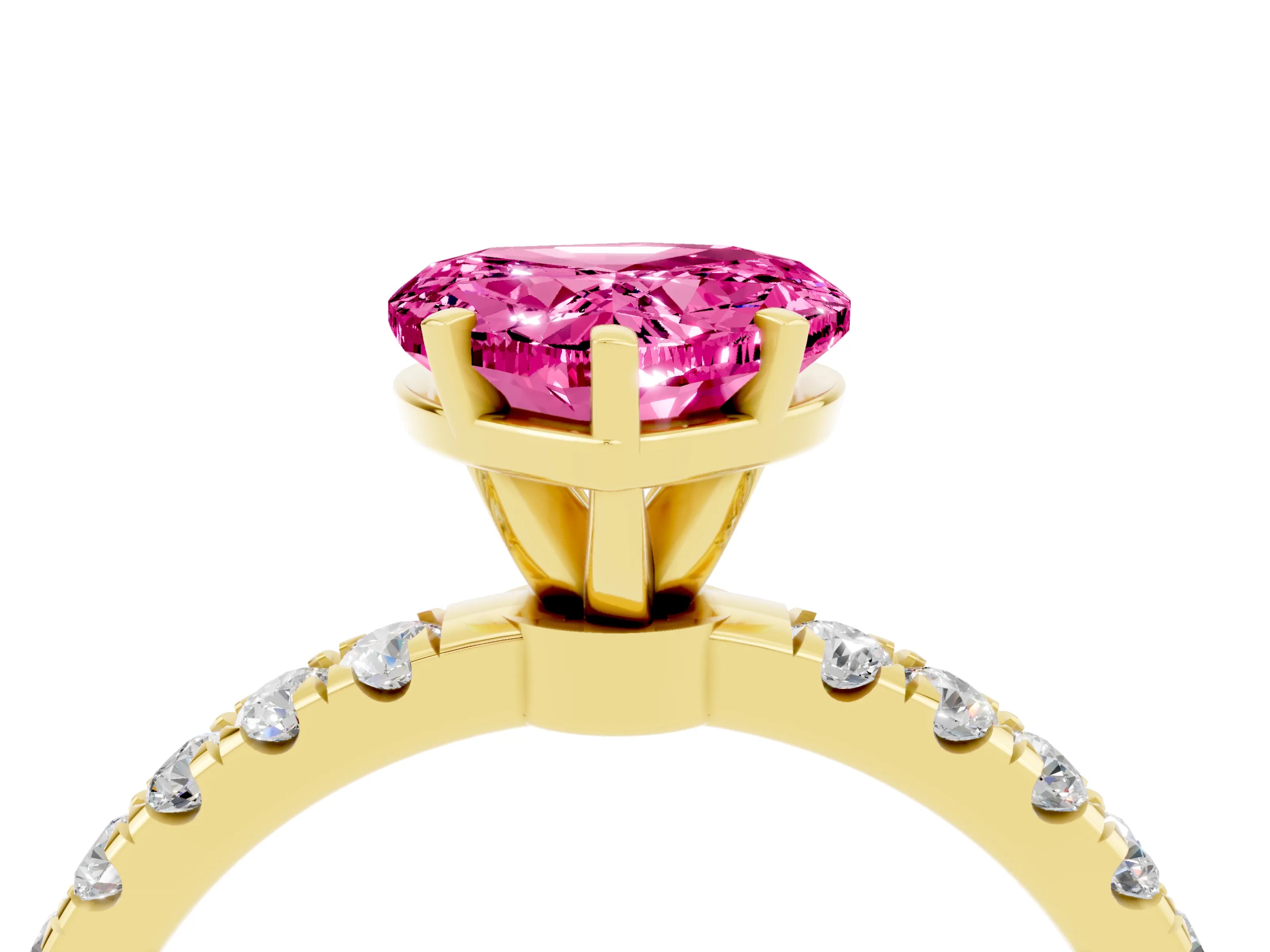 Yellow gold Heart Cut Pink Sapphire Solitaire Ring with Pavé Accents and Four-Prong Setting_28