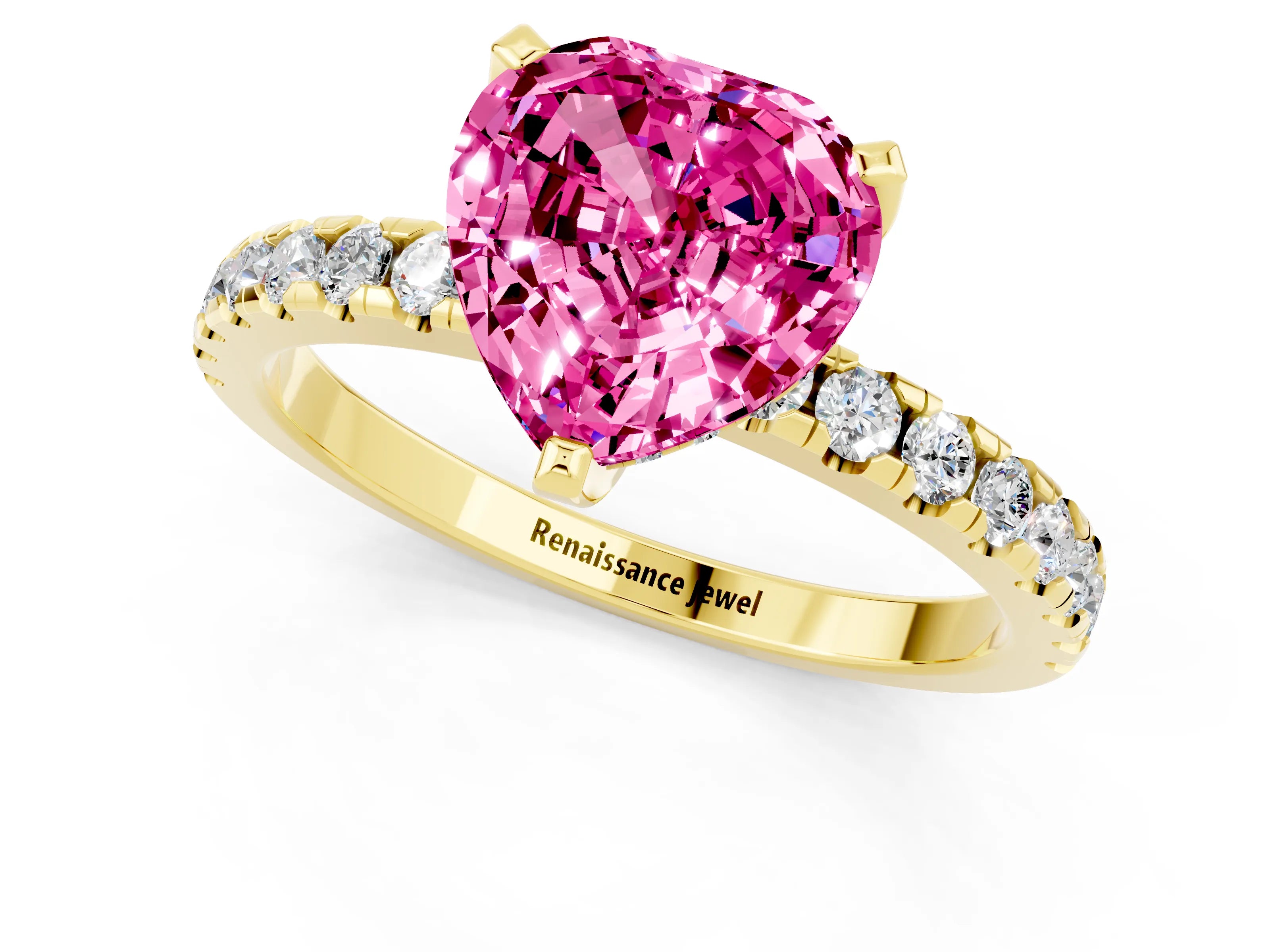 Yellow gold Heart Cut Pink Sapphire Solitaire Ring with Pavé Band and Four-Prong Setting_61