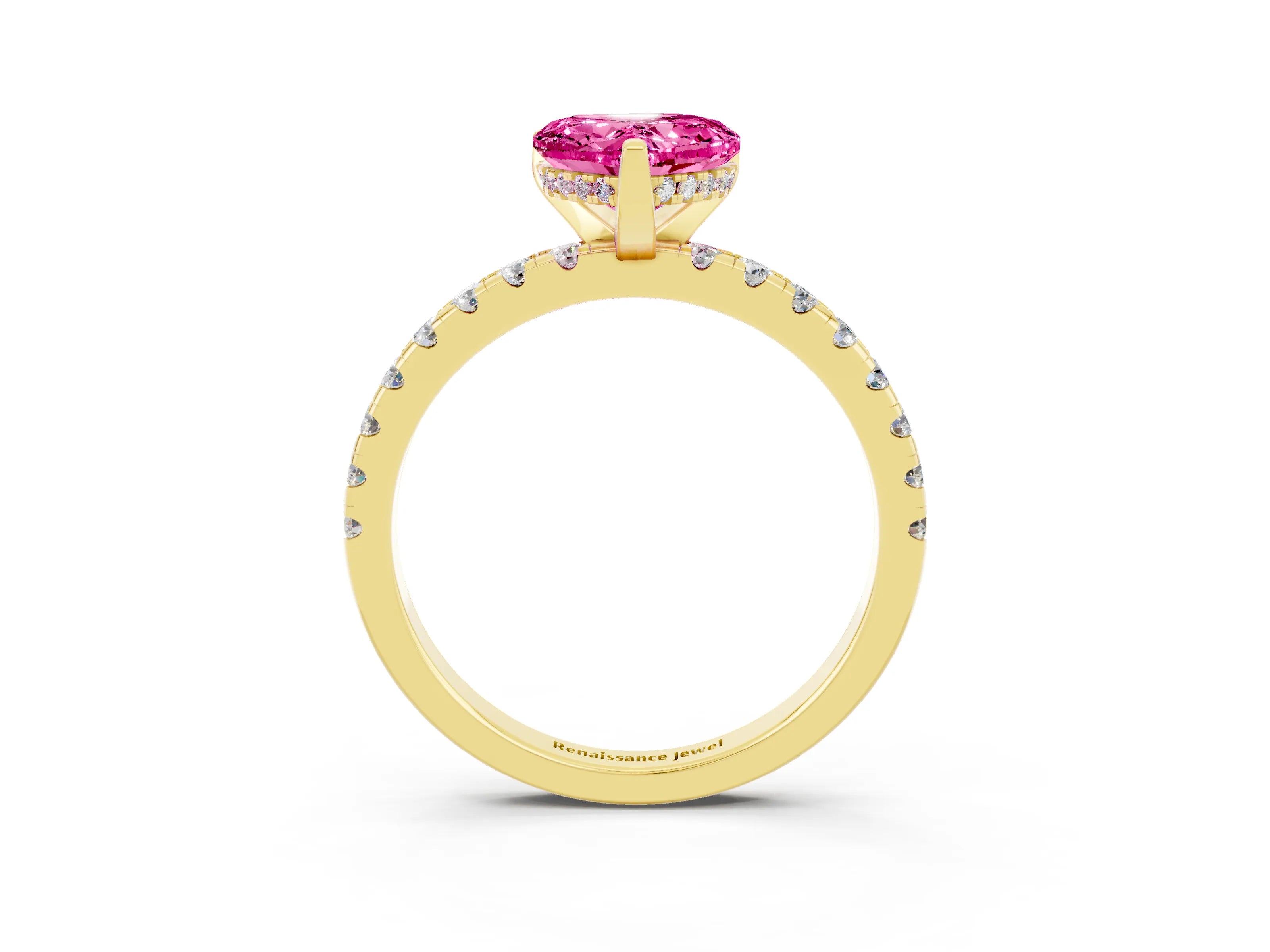 Yellow gold Heart Cut Pink Sapphire Solitaire Ring with Pavé Band and Four-Prong Setting_63