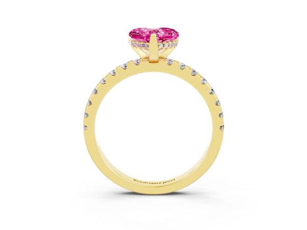 Yellow gold Heart Cut Pink Sapphire Solitaire Ring with Round  Pavé Band and Four-Prong Setting
