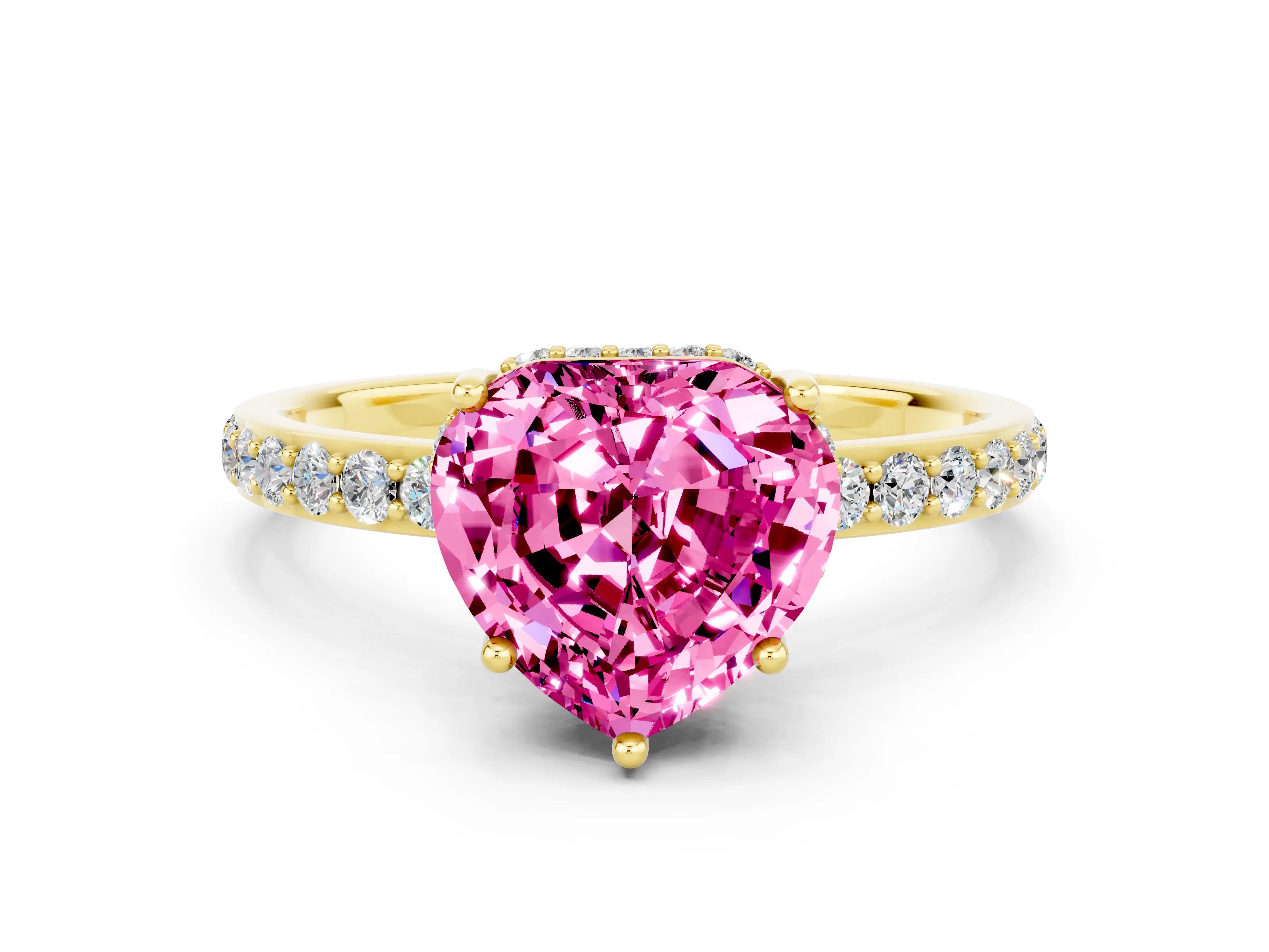 Yellow gold Heart Cut Pink Sapphire Solitaire Ring with Pavé Band and Hidden Halo_12