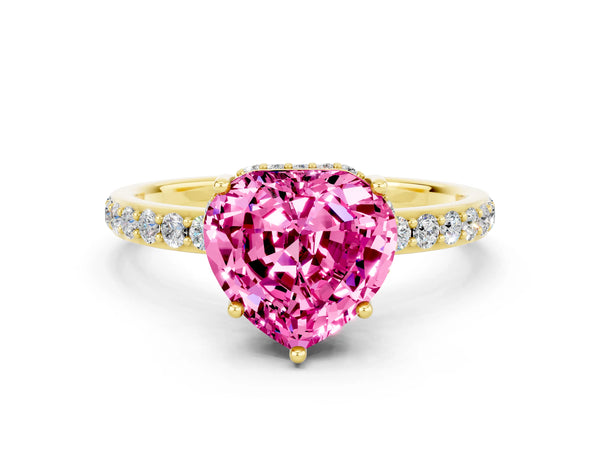 Yellow gold Heart Cut Pink Sapphire Solitaire Ring with Pavé Band and Hidden Halo