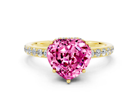 Yellow gold Heart Cut Pink Sapphire Solitaire Ring with Pavé Band and Hidden Halo_12