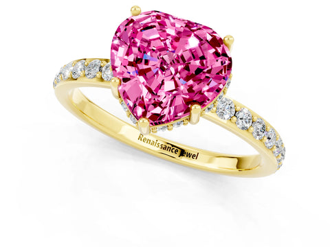 Yellow gold Heart Cut Pink Sapphire Solitaire Ring with Pavé Band and Hidden Halo_13