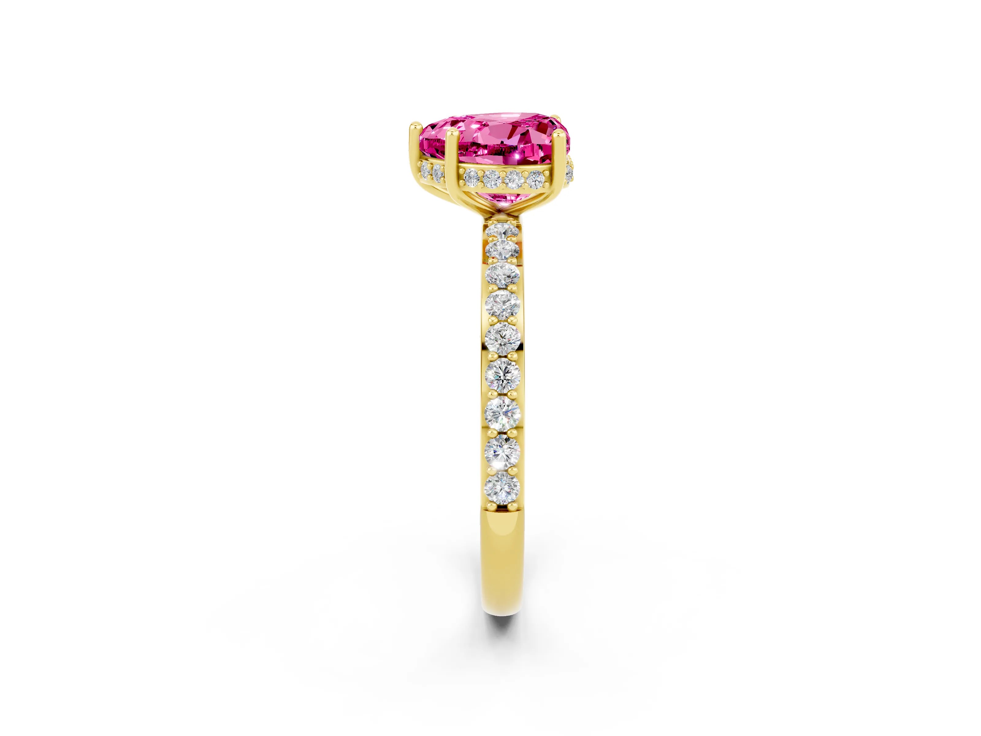 Yellow gold Heart Cut Pink Sapphire Solitaire Ring with Pavé Band and Hidden Halo_14