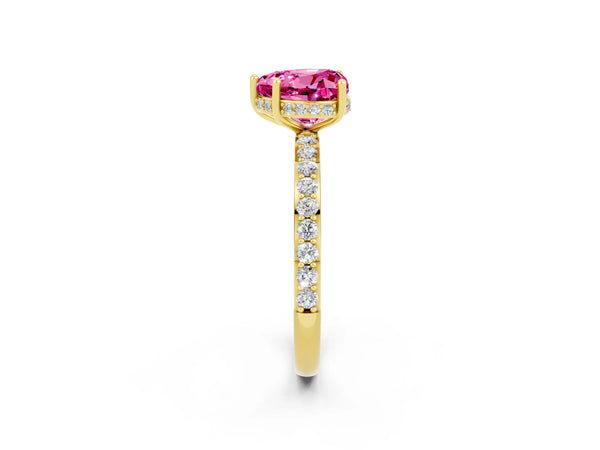 Yellow gold Heart Cut Pink Sapphire Solitaire Ring with Pavé Band and Hidden Halo
