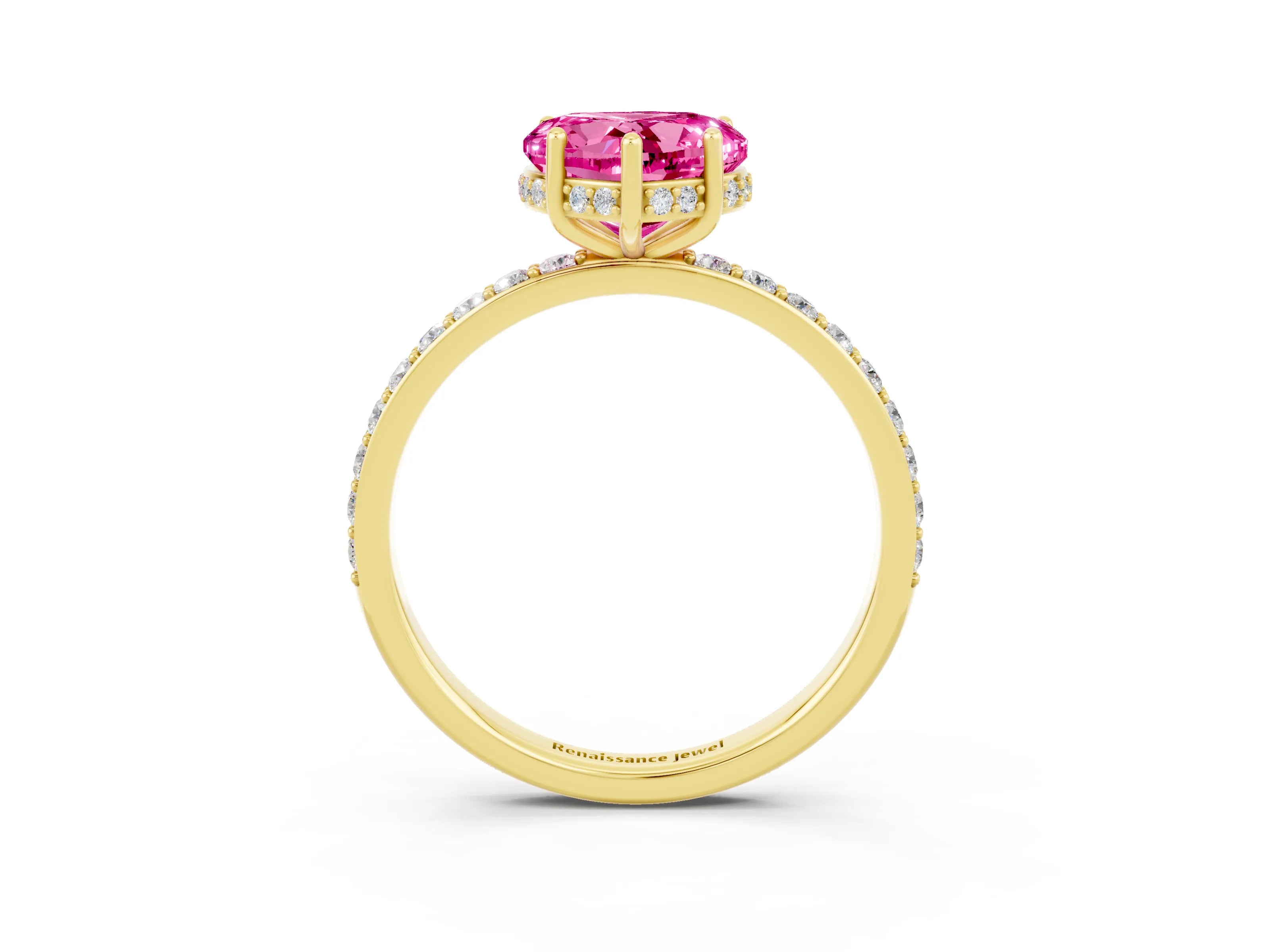 Yellow gold Heart Cut Pink Sapphire Solitaire Ring with Pavé Band and Hidden Halo_15